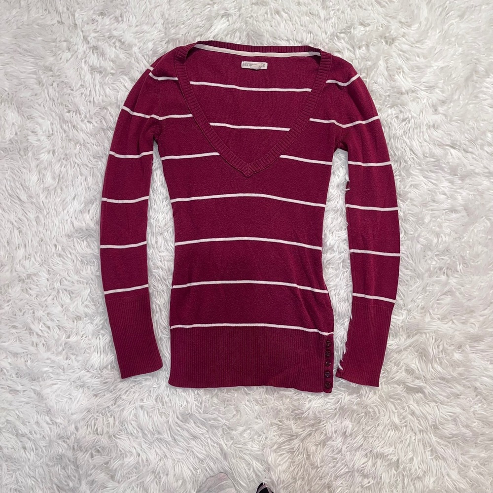 y2k aeropostale dark red striped v neck knit sweater medium